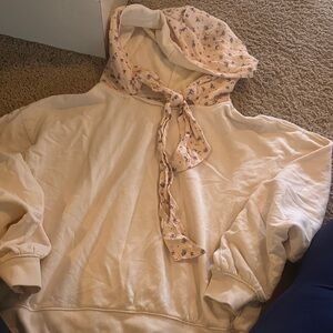 Free People Cream Hoodie with Floral Hood Lining